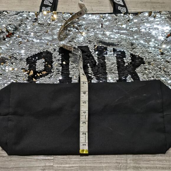 PINK Silver & Black Sequin Large Overnight Tote Carry All Beach Bag - Picture 9 of 10